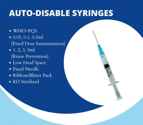 Auto Disable Syringe (AD Syringe), For Clinical, Hospital, Size : 0.5ml, 1ml, 2ml, 3ml, 5ml