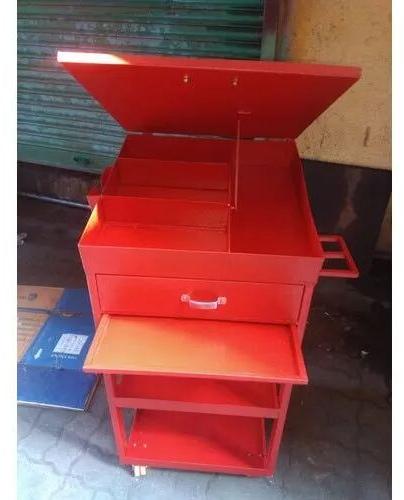 Mild Steel Garage Tool Cart Trolley, Color : Red