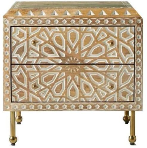 Brown Square Polished MAH076 Wooden Bedside Table, For Home, Pattern : Carved