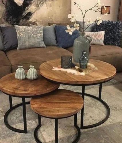 Brown Round 3 Pcs Fancy Nesting Table Set, For Restaurant, Office, Hotel, Home, Pattern : Printed