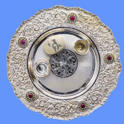 Silver Pooja Thali Set, Dimension : 6 Inch