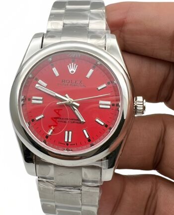 Rolex Oyster Perpetual Silver Red Dial Swiss Automatic Watch