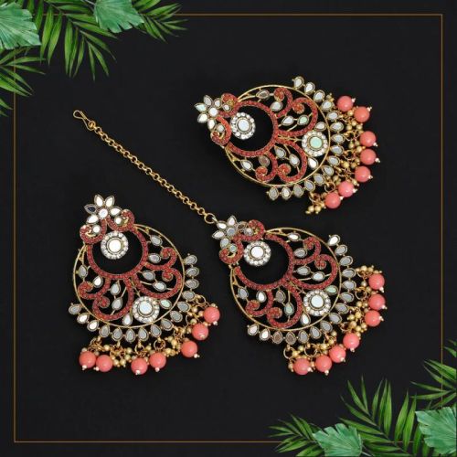Peach Mirror Kundan Earrings