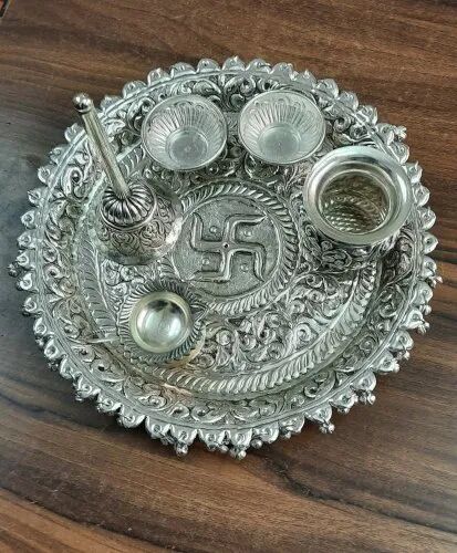 Brass Silver Pooja Thali Set, Dimension : 10 Inc.