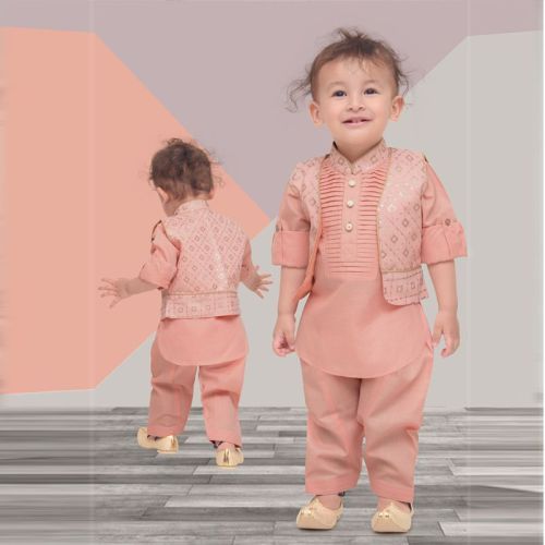 MM765 Peach Boys Kurta & Nehru Jacket Set