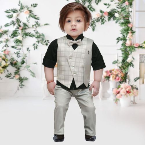 MM772 Grey Boys Pant Shirt Jacket Bow Tie Set