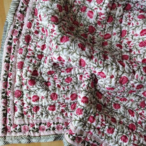 Pink Floral Hand Stitched Quilt, For Home Use