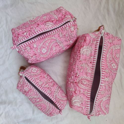 Pink Printed Cotton Toiletry Bag, Feature : Waterproof, Shrink-Resistant, Eco Friendly