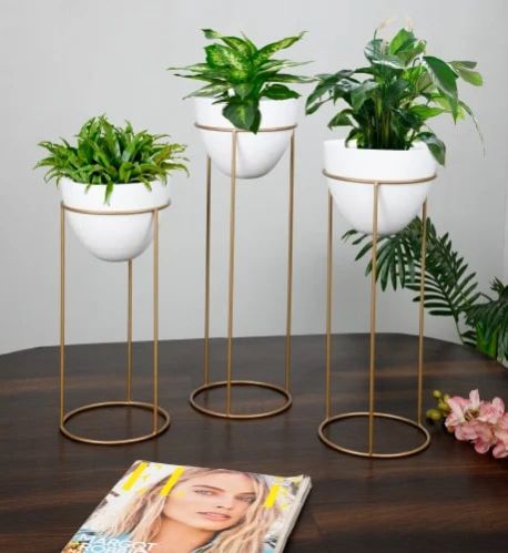 White Gold Metal Desk Planter - Set Of 3