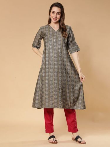 Modal Silk Gold Foil Print Designer Women Kurti, Occasion : Festive Wear