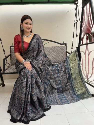 Ajrakh Hand Block Printed Saree, Occasion : Wedding