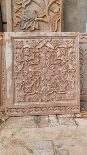 Square Carved Polished Sandstone Carving Wall Panels, For Temple, House, Size : 3 Fit