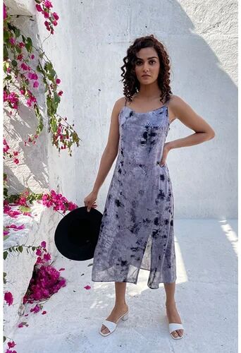 Rayon Hand Tie Dye Cowl Neck A Line Western Dress, Length : 44 Inch