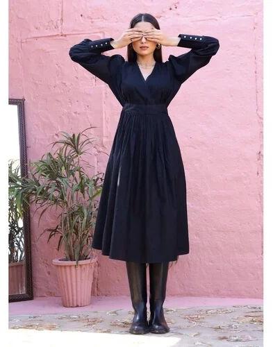 Plain V-Neck Glaze Cotton Midi Western Dress, Size : Medium