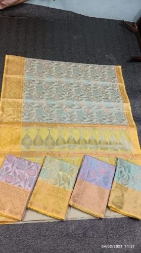 Full Sleeves Stitched Organza Silk Saree, Color : Multi-colored