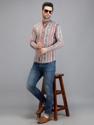 Men Red Lining Printed Shirt, Technics : Handloom