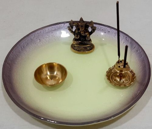 Multi Color Round Polished Aluminum Ganesh Puja Thali, For Pooja, Size : 14x4 Cm