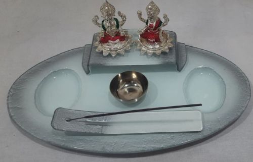 White Polished Metal Laxmi Ganesh Puja Thali, For Shop, Office, Home, Size : 38x13x3 Cm
