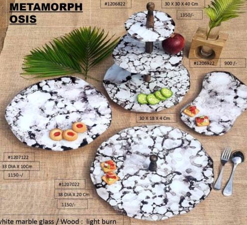 White Polished Ceramic Metamorph Serving Platter, For Restaurant, Hotel, Pattern : Printed