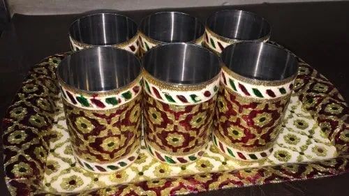 Rectengular Meenakari Glass Tray Set, For Homes, Feature : Unmatched Quality, Gold Finish