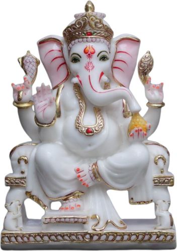 Multicolor Polished Rectangular Synthetic Marble Chauki Ganesh Statue, For Worship