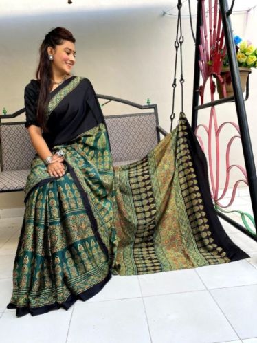 Ajrakh Modal Silk Ajrak Natural Saree, Size : 45