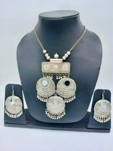 Oxidized Silver Long Necklace Set, Packaging Type : Velvet Box