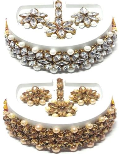 Silver Oxidised White Stone Choker Necklace Set