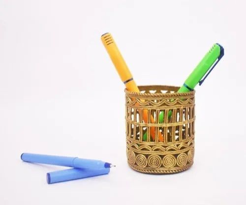 Polished Tribal Brass Pen Stand, Color : Golden