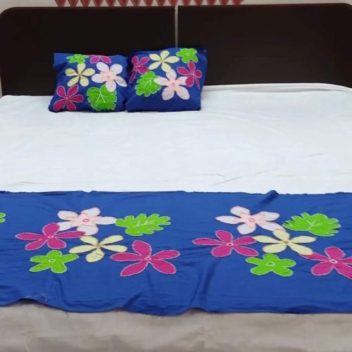 Blue Cotton Applique Handwork Bed Runner, For Home, Technics : Handmade