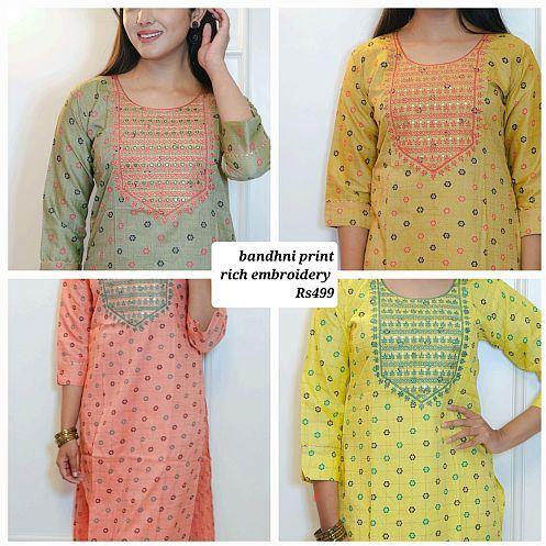 Ladies Bandhni Print Embroidery Cotton Kurti