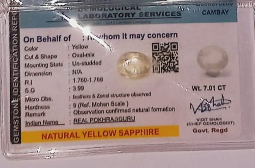 Oval 7.01 Carat Yellow Sapphire Gemstone, Size : Standard