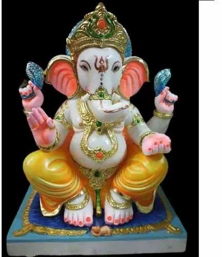 1.4 Feet Marble Multicolor Ganesh Statue, For Worship