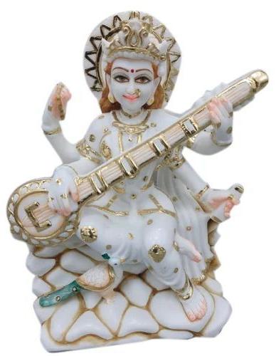 White 12 Inch Marble Saraswati Maa Statue, Pattern : Painted