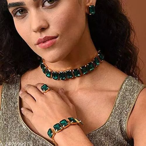 Fancy Glass Stone Choker Necklace Set, Packaging Type : Plastic Box