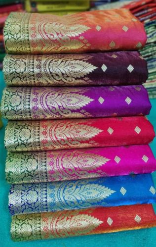 Blue Banarasi Laccha Satan Silk Saree, Feature : Fine Finished