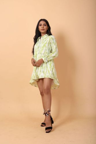 Parrot Color Abstract Print Mini Shirt Dress, Occasion : Casual Wear