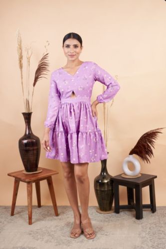 Floral Printed Cut Out Mini Dress, Size : XL