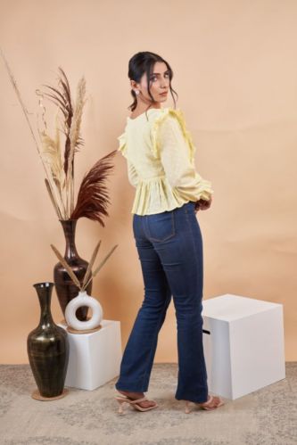 Puff Sleeves Schiffli Cinched Waist Top, Occasion : Casual Wear