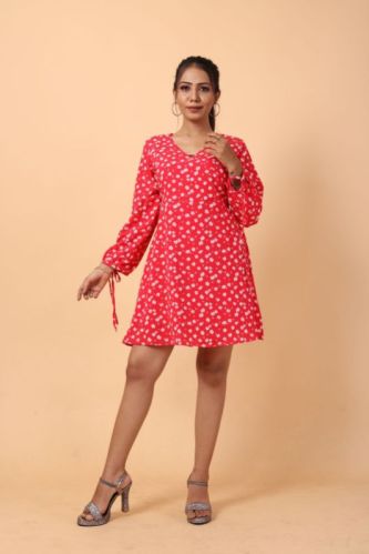 Red Floral Printed Mini Wrap Dress, Size : XL