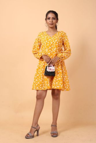 Yellow Floral Printed Mini Wrap Dress, Size : XL