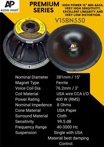 Black Audio Point V15bn550 Loudspeaker, For Gym, Home, Hotel, Restaurant, DJ Party, Shape : Round