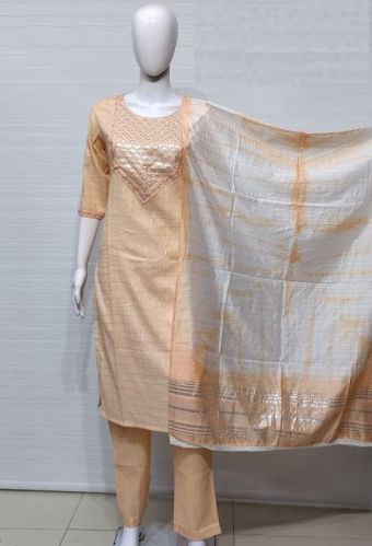 Lurex Cotton Kurti Pant And Dupatta Set