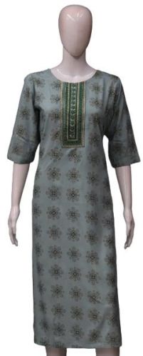 Rayon Straight Side Cut Neck Work Kurti