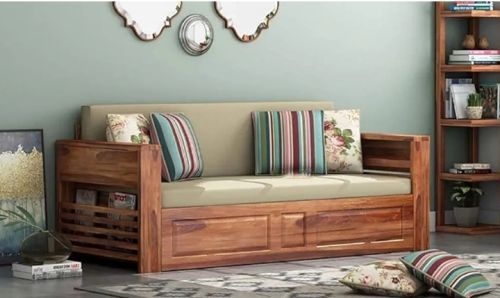 Brown Rectangular Three Seater Wooden Sofa Cum Bed, For Home, Style : Modern