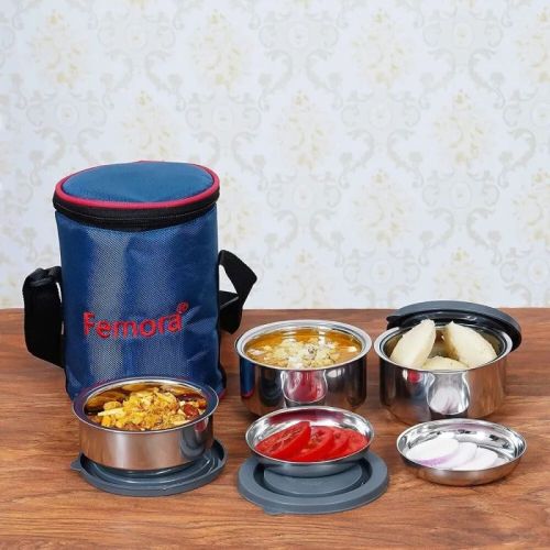 Femora Blue Round Stainless Steel Lunch Box, For Office