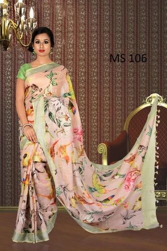Digital Print Linen Saree, For Party Wear, Daily Use 