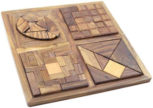 4 in1 Wooden Puzzle Tray Brain Teaser Games Fun & Learning