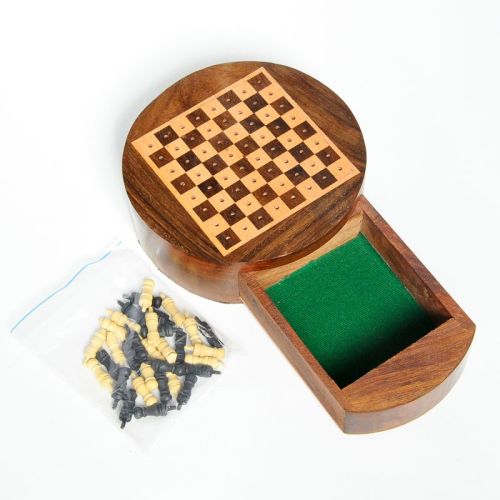 Portable Wooden Round Travel Chess | Brain Teaser Games | Fun & Learning