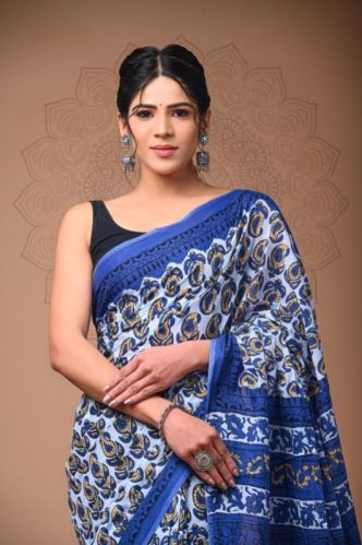 Multicolor Unstitched Cotton Hand Block Printed Saree, For Easy Wash, Anti-wrinkle, Width : 7 Meter